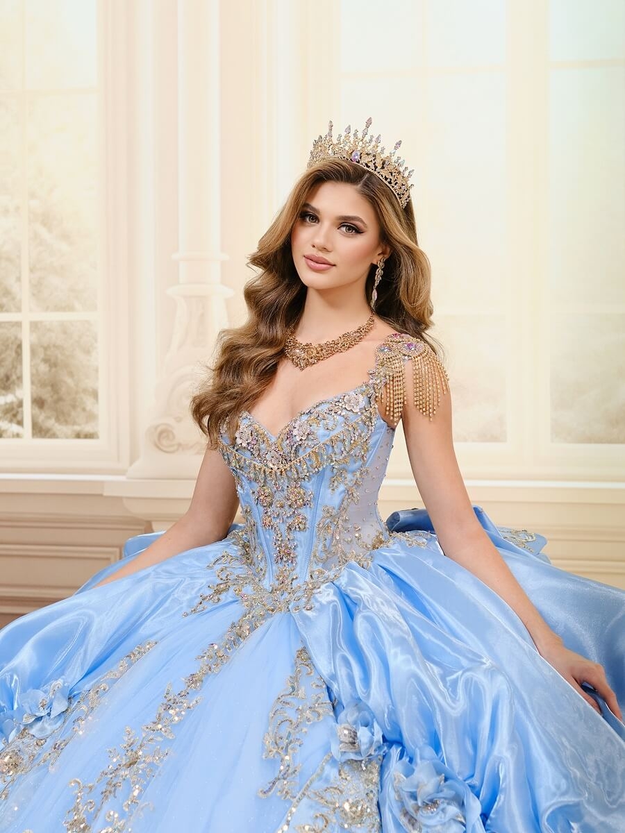 Photo of the model wearing a blue gown